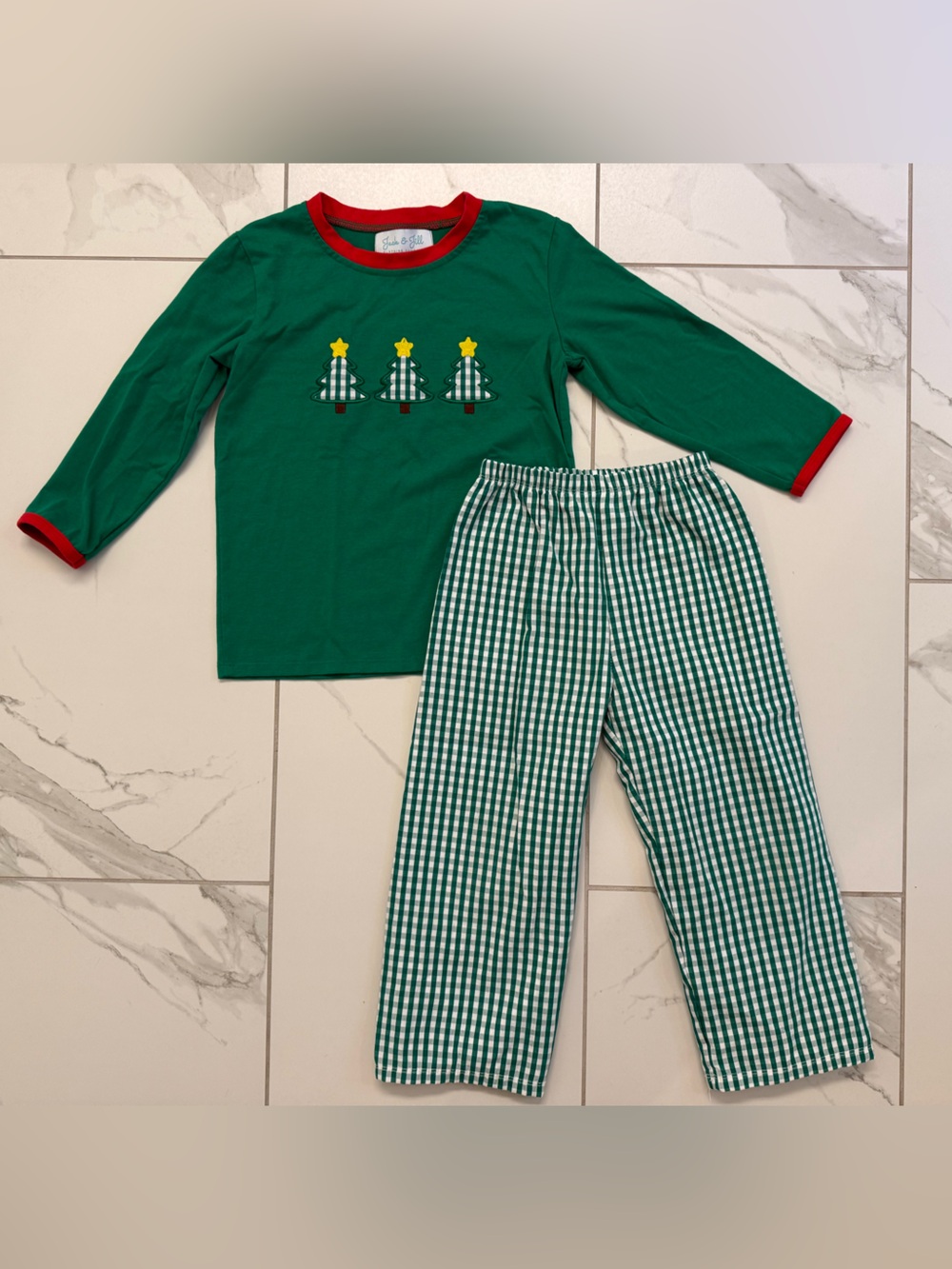 Boys 5-6T Gingham Christmas Tree Appliqué Set Jack & Jill-Local boutique Brand